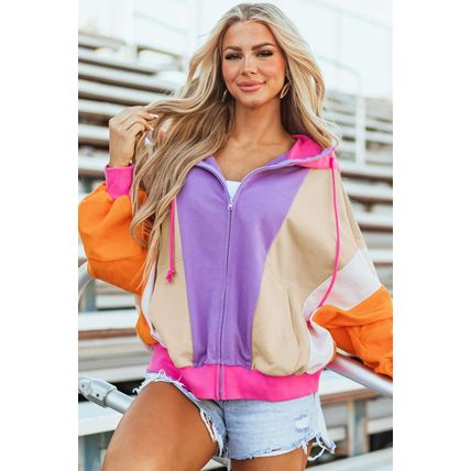 Grapefruit Orange Oversized Colorblock Patchwork Full Zipped Hoodie