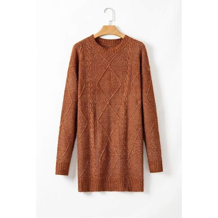 Coffee Cable Knit Drop Shoulder Loose Fit Sweater Dress