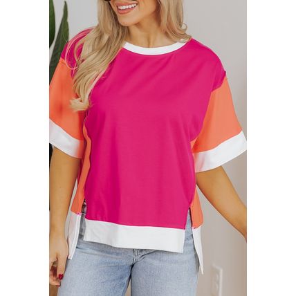 Rose Red Color Block Patchwork Side Slits Loose Fit T Shirt