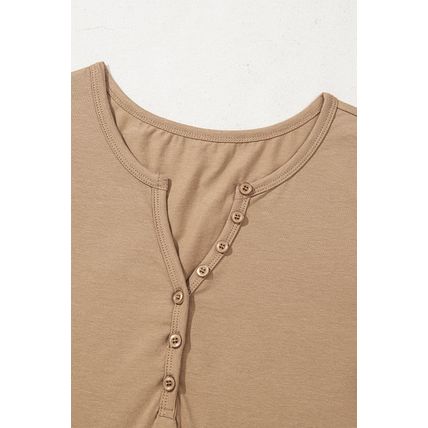Pale Khaki Long Sleeve Buttons V Neck Slim Fit Top