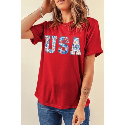 Red Floral USA Graphic Cuffed Sleeve Crew Neck Tee