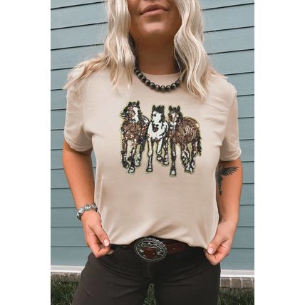Khaki Sequin Horses Patched Casual Crewneck T Shirt