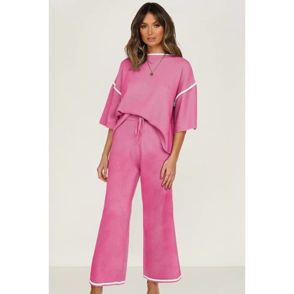 Bright Pink Contrast Trim Half Sleeve Top Drawstring Pants Loose 2pcs Sweater Su
