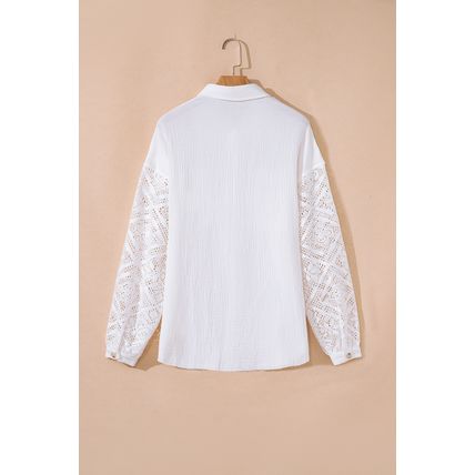White Cotton Gauze Lace Patchwork Long Sleeve Shirt