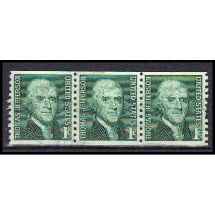Used 1299 1c Thomas Jefferson Fine Strip of 3 KA6205