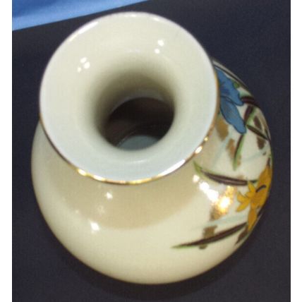 Signed Vintage Toyo Japan Vase Gold Blue Red Floral Iris Flowers Kingfisher Bird