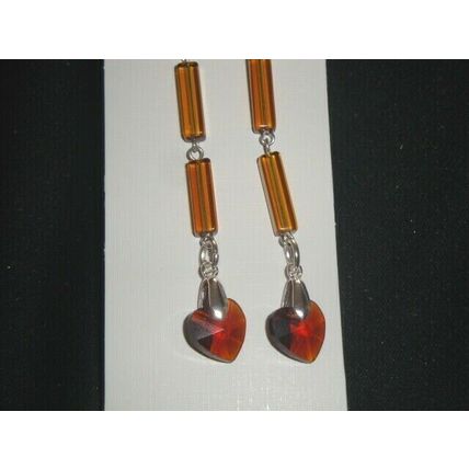 Beautiful long drop dark coffee column & amber crystal glass heart earrings