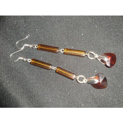 Beautiful long drop dark coffee column & amber crystal glass heart earrings