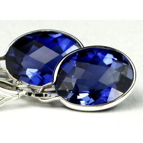 Created Blue Sapphire, 925 Sterling Silver Leverback Earrings, SE101