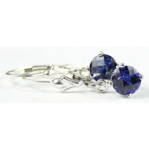 Created Blue Sapphire, 925 Sterling Silver Leverback Earrings, SE017
