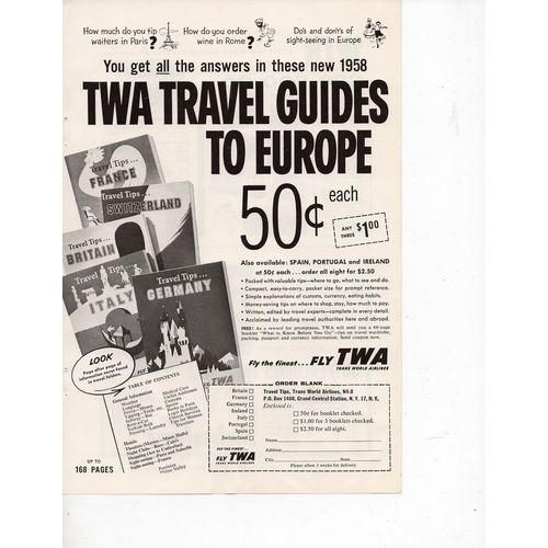 TWA Travel Guides to Europe vintage Full Page Print Ad April 1958