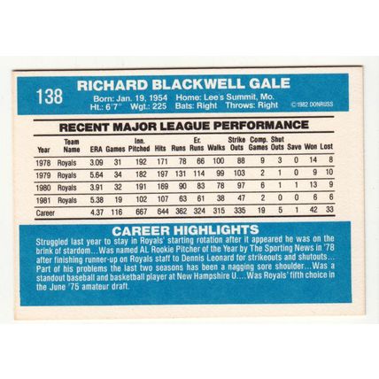 1982 Donruss baseball card 138 Rich Gale