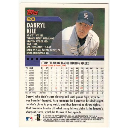 2000 Topps baseball card 20 Darryl Kile