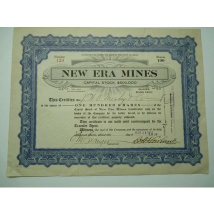 Original Antique 1917 Signed 100 Mining Shares Deed, New Era Mines Maine, Paid