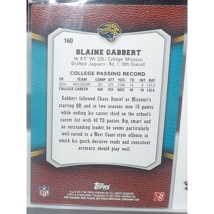 2011 Topps Rookie Reserve BLAINE GABBERT (Jaguars) Rookie Card #160
