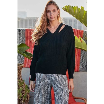 Women's Black Cut Out V Neck Sweater