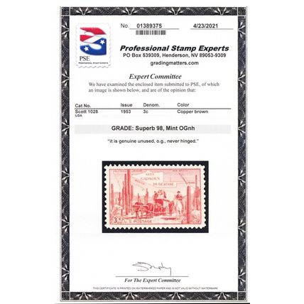 1028, Mint Superb NH 3¢ - PSE Graded 98 Certificate - Stuart Katz