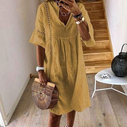 Women Short Mini Dresses Sleeve Sundress Ladies V Neck Bohemian Loose Cotton