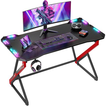 TIQLAB Gaming Desk with LED Lights, 40 Inch Computer Desk Z Shaped Gamer Worksta
