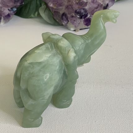 Vintage Green Jade Stone Hand Carved Elephant Figurine Lucky Statue 5" 255g