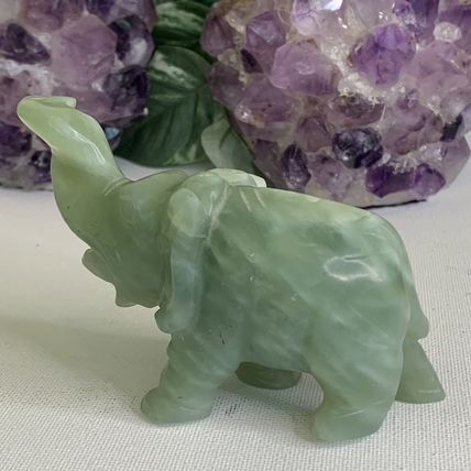 Vintage Green Jade Stone Hand Carved Elephant Figurine Lucky Statue 5" 255g