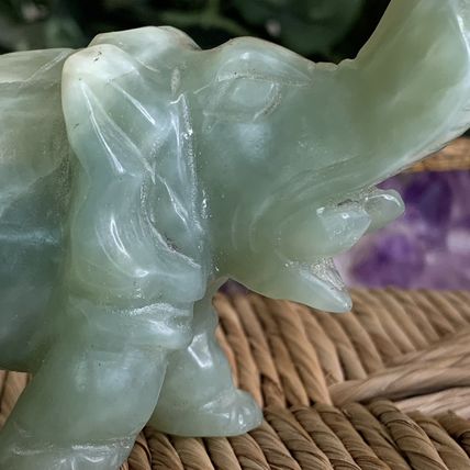 Vintage Green Jade Stone Hand Carved Elephant Figurine Lucky Statue 5" 255g
