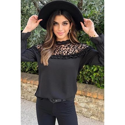 Black Leopard Mesh Splicing Ruffle Long Sleeve Blouse
