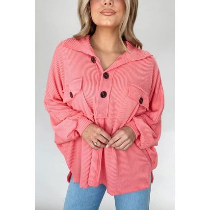 Pink Corded Flap Pocket Henley Top