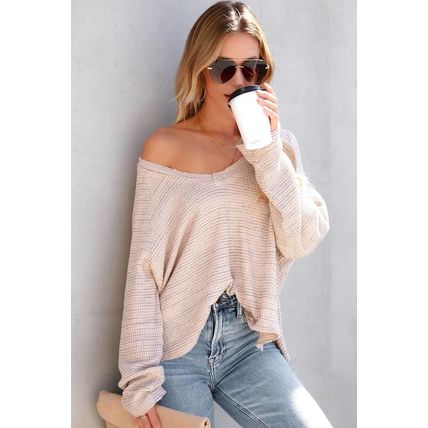 Pink Waffled Knit Long Sleeve V-Neck Frayed Top