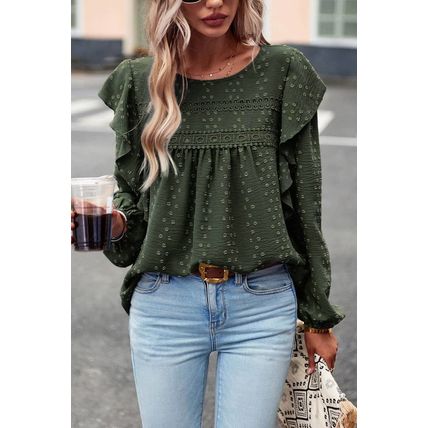 Blackish Green Lace Eyelet Ruffle Shoulder Long Sleeve Blouse