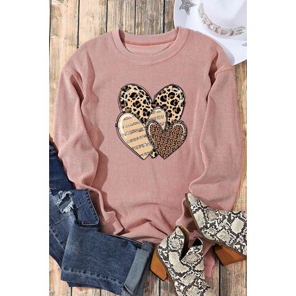 Pink Leopard Heart Shape Corded Loose Fit Sweatshirt