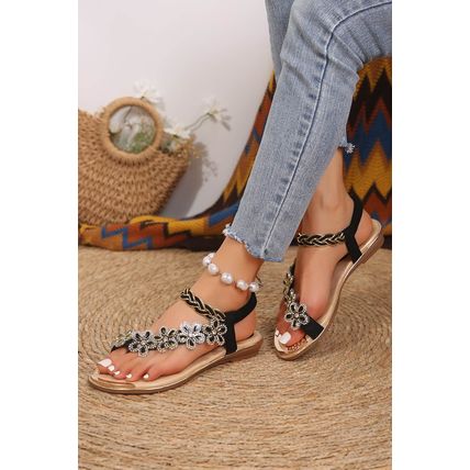 Black Rhinestone Flower Braided Straps Thong Sandals
