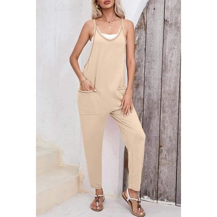Apricot Side Pockets Harem Pants Sleeveless V Neck Jumpsuit