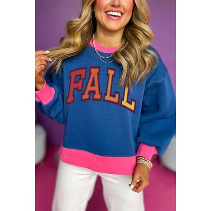 Blue FALL Graphic Color Block Bubble Sleeve Sweatshirt