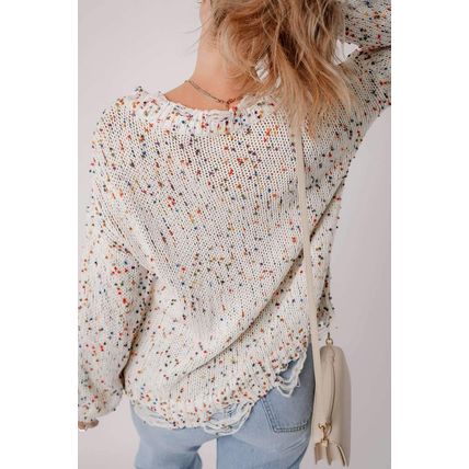 White Colorful Confetti Distressed Knit Sweater