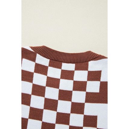 Brown Checkered Print Drop Shoulder Round Neck Sweater