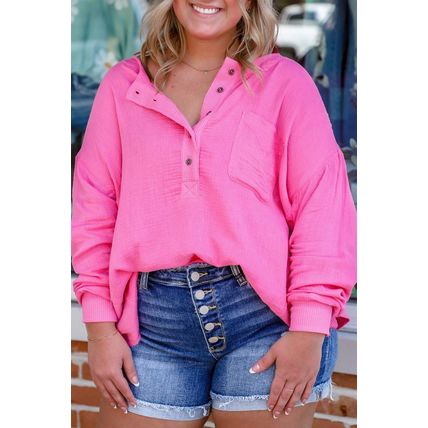Bonbon Half Buttons Chest Pocket Drop Sleeve Plus Size Top