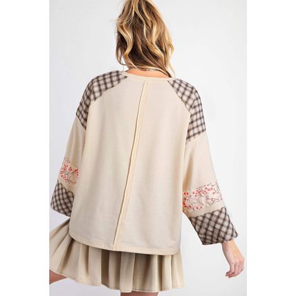 Beige Plaid Floral Peace Heart Graphic Wide Long Sleeve Top