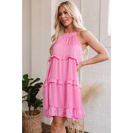 Pink Smocked Neck Knot Back Frilly Tiered Sleeveless Mini Dress