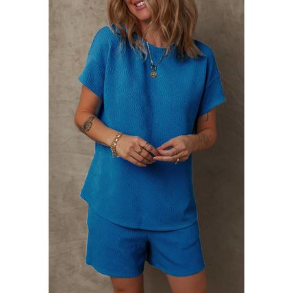 Bluing Solid Textured Crew Neck Short Set
