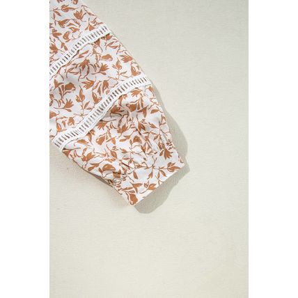 Khaki Printed Lace Detail Floral Puff Sleeve Fall Shirt