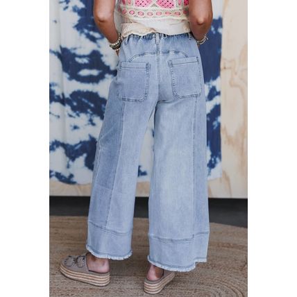 Beau Blue Drawstring Seam Detail Raw Hem Wide Leg Denim Pants