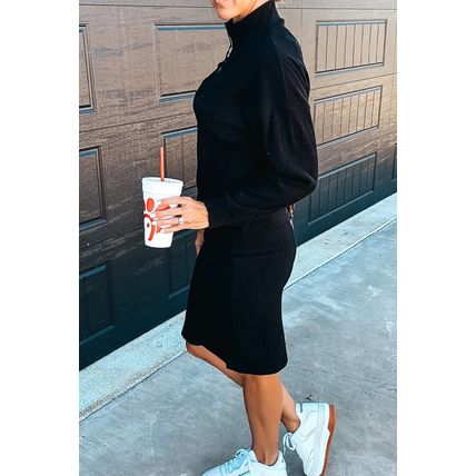 Black Ribbed Zip Stand Neck Drop Shoulder Pullover Bodycon Skirt 2pcs Set
