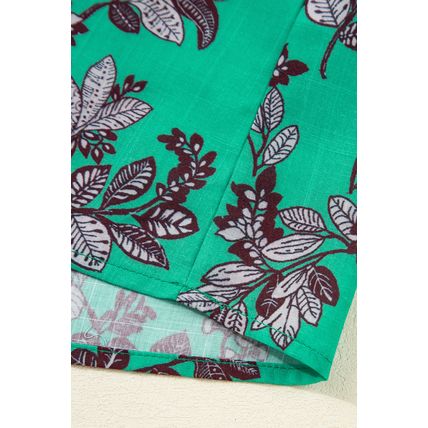Green Leaves Print Contrast Trim V Neck Shirred Puff Sleeve Blouse