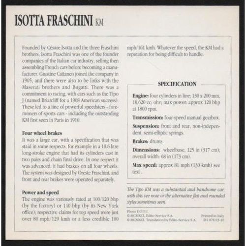 1911 to 1914 ISOTTA FRASCHINI KM Classic Car Photograph and Information Card