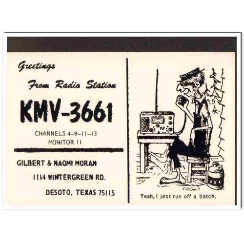 kmv-3661 gilbert moran desoto texas 1960s cb qsl card vintage postcard
