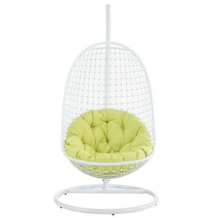 White 'Egg' Wire Swing Patio Chair Green Cushion All-Weather White Metal Frame