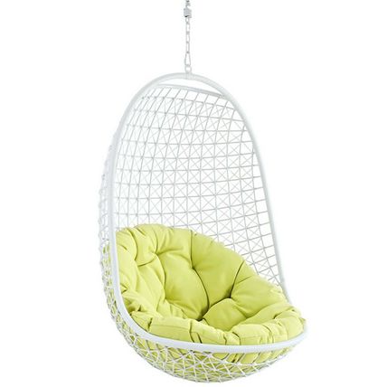 White 'Egg' Wire Swing Patio Chair Green Cushion All-Weather White Metal Frame