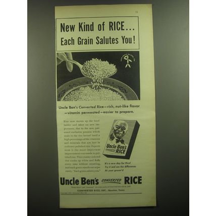 1947 Uncle Ben's Converted Rice Ad - New kind of rice each grain salutes you!