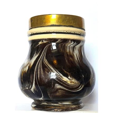GLAZED CERAMIC POT with BRASS COLLAR and SWIRLS - 7 x 6 cm diameter 150 grams